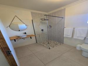 a bathroom with a shower with a toilet and a sink at NiNETEEN28 Guesthouse in Pietermaritzburg
