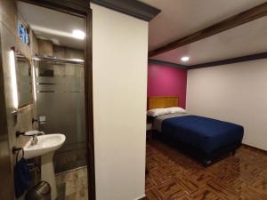 a bedroom with a bed and a sink and a bed gmaxwell gmaxwell gmaxwell at Posada Familiar Lupita in Texcoco de Mora