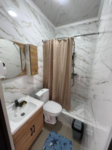 a bathroom with a toilet and a sink and a shower at Kut Hotel in Karakol