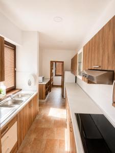 a kitchen with wooden cabinets and a sink at HOSTEL VANEČA in Puconci