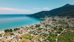 an aerial view of a town next to the ocean at Aliston Hotel Thassos in Skala Potamias +41 photos