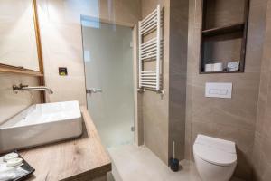 a bathroom with a toilet and a sink and a shower at Pensiunea Warthe Bed & Breakfast in Braşov +61 photos