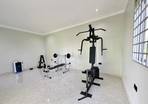 a gym with cardio equipment in a white room at Ewafe Safari Lodge-Murchison in Wanseko
