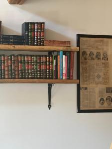 a shelf with books and a newspaper on a wall at Rozkoszne Roztocze - domek na wynajem in Staw Noakowski