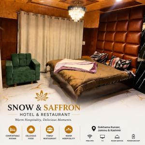 a poster of a bedroom with a bed and a chair at Snow and Saffron Hotel & Restaurant in Khor