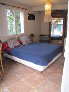 a bedroom with a bed with a blue comforter and two windows at Lou Mazet - Entre Vignes et Garrigue in Valflaunès +21 photos
