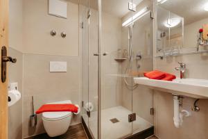 a bathroom with a shower and a toilet and a sink at Gästehaus Walserheimat in Riezlern +34 photos