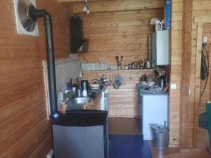 a small kitchen with a sink and a stove at Holzhaus Rheingoldstraße 49a in Urbar