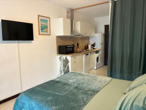 a small room with a bed and a kitchen at Studio 25m2 à deux pas des thermes in Balaruc-les-Bains
