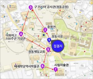 a map of the campus with circled attractions at Stay Passport Sindang Ryokan in Seoul