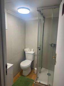 a bathroom with a toilet and a glass shower at Pátio de Alfama in Lisbon
