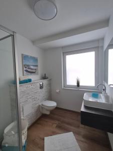 a bathroom with a toilet and a sink and a window at FeWo Carolina in Püttlingen +2 photos