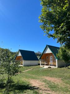 two barns with green roofs in a field at Village Cottage in Žabljak