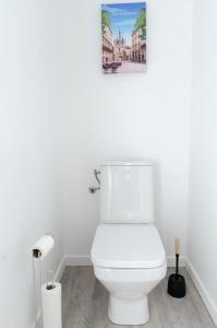 a bathroom with a toilet with a picture on the wall at Escapade cosy - Sauternes & Château à pied in Villandraut +23 photos