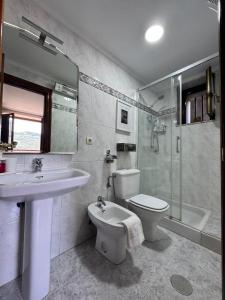a bathroom with a toilet and a sink and a shower at Casa Pichi in El Pulliu +34 photos