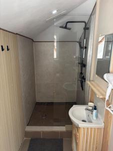 a bathroom with a shower and a sink at La Cer in Constanţa