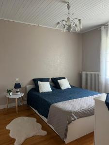 a bedroom with a bed with blue sheets and a ceiling at Corps de ferme à 50min de Lyon in Moissieu-sur-Dolon