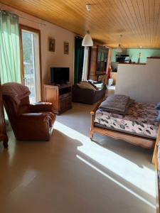a living room with a bed and a couch at Studio privé in Cazilhac