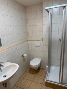 a bathroom with a toilet and a sink and a shower at FeWo im Camp Am Wasser in Juliusruh +16 photos