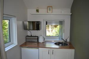 a small kitchen with a sink and a microwave at Cozy Cottage in Schoorl