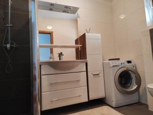 a bathroom with a sink and a washing machine at Kata 2 in Ližnjan