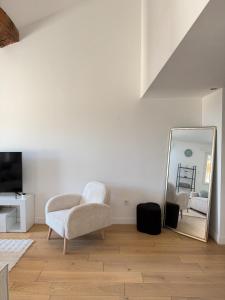 a living room with a chair and a mirror at Douceur Suite - 2 bedrooms in Mâcon
