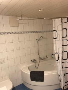 a bathroom with a tub with a shower and a toilet at Attic Family Room Mountain & Lake View - 2nd floor in Vinelz