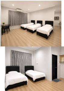 two pictures of a room with three beds in it at UMii Homestay in Tawau