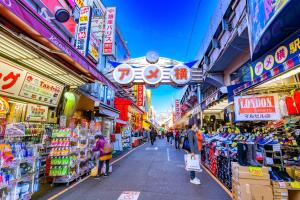 a street in an asian market with people walking through it at Super Hotel Ueno-Okachimachi in Tokyo