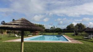 a pool with a straw umbrella next to a yard at The Oyster Cove in Brenton-on-Sea