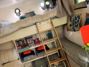 a small room with a bunk bed and a ladder at Solar Powered Hideaway converted horse box in Fishbourne