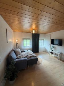 a living room with a couch and a wooden ceiling at Ferienhaus am Bächle in Breitnau