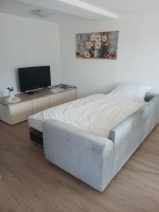a bedroom with a large bed and a couch at Apartmaji pri Pinku in Breginj