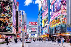 a busy street in a city with many buildings at Super Hotel Akihabara Suehirocho in Tokyo