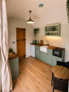a kitchen with green cabinets and a wooden floor at Everwood Escape- The Willow Hut With Private Hot Tub in Dungiven
