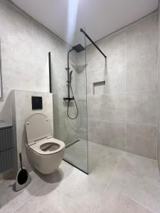 a bathroom with a toilet and a glass shower at Central nude oasis 2 in Makarska