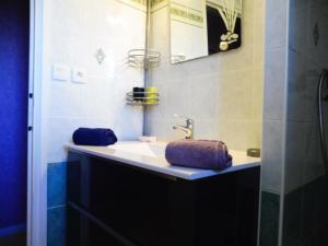 a bathroom with a sink and a mirror at Les cerisiers in Hinlé