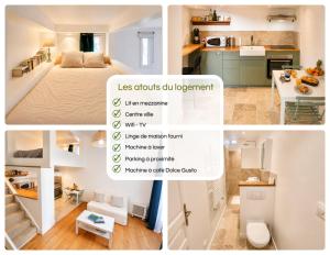 a collage of photos of a bedroom and a kitchen at " Studio Vasconia " Hyper Centre - Mezzanine -Wifi in Muret