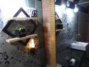 a bathroom with a sink and a shelf with a plant at Chalé amora Analândia in Analândia +18 photos
