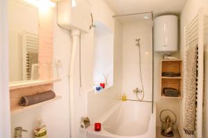 a white bathroom with a shower and a tub at Charming Stone House with Green Courtyard in Stari Grad +39 photos