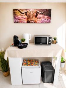 a table with a microwave on top of it at Schwarzwaldliebe mit Garten & Sauna in Gaggenau +18 photos