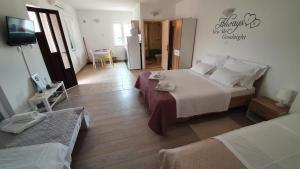 a hotel room with two beds and a television at Budget Holiday Apartments Primorska in Pag