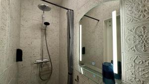 a shower in a bathroom with a mirror at Stationbeds Studio-2 Alkmaar in Alkmaar