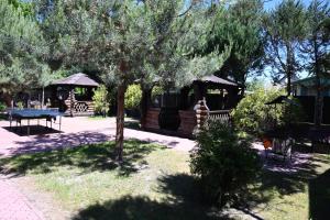 a tree in a yard with a table and gazebo at Hotel-complex Mizh Triokh Ozer in Svityazʼ +12 photos