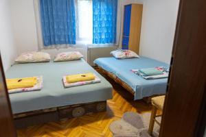 two twin beds in a room with blue curtains at Apartment Bojke in Niš