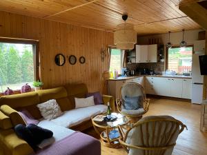 a living room with a couch and a kitchen at Domek u Ewy in Rydzewo