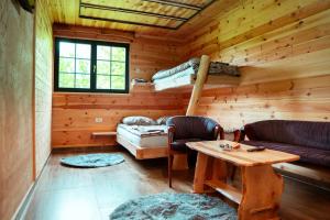 a log cabin with a couch and a bed and a table at Wildmont Prokletije in Gusinje