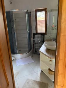 a bathroom with a shower and a sink at Domek u Ewy in Rydzewo