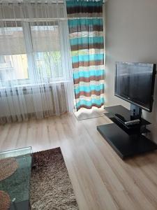 a living room with a large flat screen tv at Apartament Kalia in Zamość