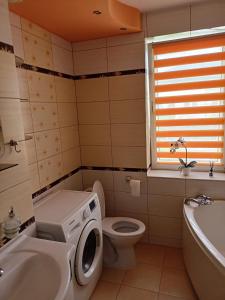 a bathroom with a toilet and a sink and a washing machine at Apartament Kalia in Zamość